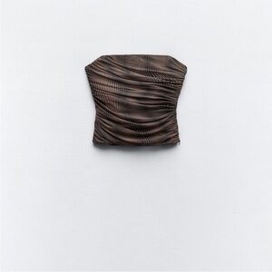 ZARA Mesh Brown Black Printed Striped Crop Top, NWT, Small